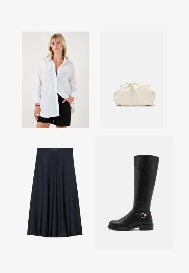 White button-up shirt with long sleeves, relaxed fit, and a sharp collar. Paired with black shorts featuring a gold accent button.; Black, knee-length skirt made of lightweight fabric with a flowy design. Features a smooth texture and subtle pleats for added detail.; Anna Field Wide Fit Boots - black; Cream-colored, soft faux leather bag with gathered design, adjustable strap, and subtle drawstring closure. Smooth texture and rounded shape.