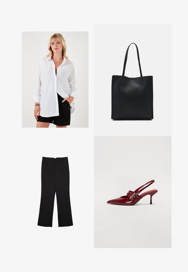 Bílá košile s dlouhými rukávy, volný střih a ostrý límec. Kombinováno s černými šortkami se zlatým akcentem na knoflíku.; Černé kalhoty s rovným střihem, s předními kapsami a bočními rozparky na lemu. Vyrobené z jemné, hladké tkaniny. Vhodné na různé příležitosti.; Červené lakované kožené lodičky na podpatku s špičatou špičkou, dvěma přezkami a štíhlým, středně vysokým jehlovým podpatkem. Hladký povrch.; Černá kožená taška přes rameno s hladkým povrchem, obdélníkovým tvarem a dvěma dlouhými uchy. Žádné viditelné kování ani ozdoby.