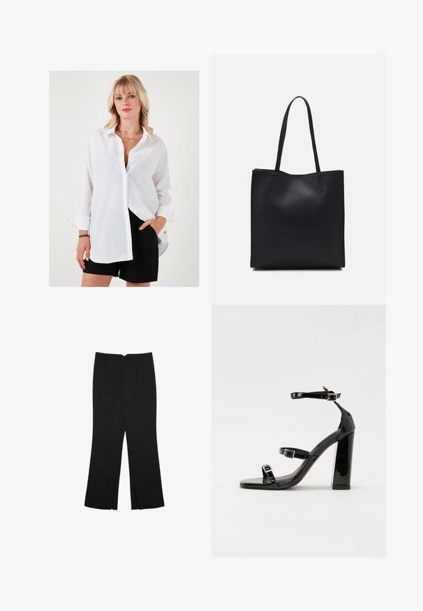 Witte overhemd met lange mouwen, losse pasvorm en een scherpe kraag. Gecombineerd met zwarte shorts met een gouden accentknop.; Zwarte broek met een rechte pasvorm, voorzien van zijzakken en plooien aan de onderzijde. Gemaakt van zachte, gladde stof. Geschikt voor verschillende gelegenheden.; Zwarte patent lederen sandalen met hoge hakken, twee gespenbanden, een vierkante neus en een stevige blokhak, met een gladde, glanzende textuur.; Zwarte leren handtas met een gladde textuur, rechthoekige vorm en twee lange handvaten. Geen zichtbare hardware of versieringen.