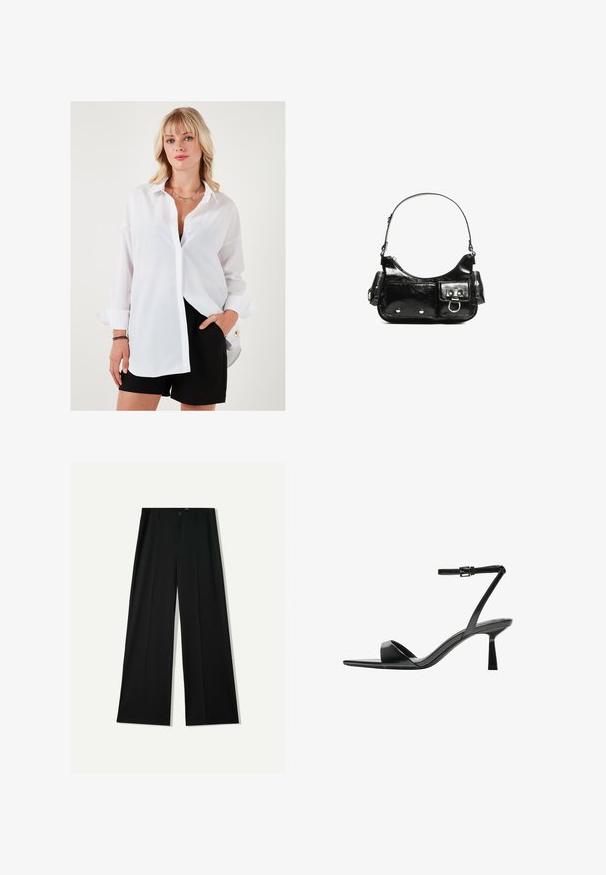 Witte overhemd met lange mouwen, losse pasvorm en een scherpe kraag. Gecombineerd met zwarte shorts met een gouden accentknop.; Bershka WIDE - Broek - black; Bershka Sandalen met hoge hak - black; Zwarte laarzen in lakleer met een gebogen vorm, één schouderband, voorvakken en accenten in zilverkleurig metaal.