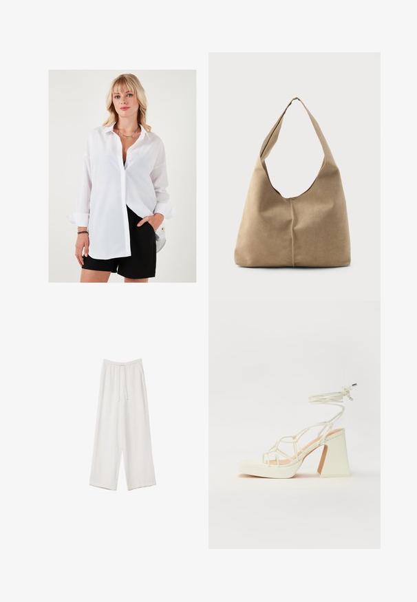 Bela srajca s long sleeves, sproščen kroj in ostra ovratnica. Ujemajoča se črna kratka hlače z zlatim gumbom kot poudarkom.; Bele široke hlače iz lahkega materiala. Imajo elastičen pas s vrvico in stranske žepe. Gladka tekstura.; Bela sandala na visokih petah s debelim petam, ki ima obliko trakcev in vezanje okoli gležnja. Gladka tekstura z platformo spredaj za dodatno višino.; Hobo torba iz mehkega bež nubuka z ohlapno obliko, širokim ramenskim trakom in ročno šivanim šivom po sprednji strani.