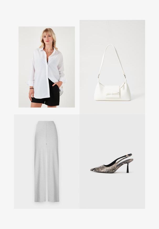 Bijela košulja dugih rukava, opuštenog kroja, s oštrim ovratnikom. Uparena s crnim kratkim hlačama s zlatnim naglašenim gumbom.; Svijetlosive rebraste hlače širokog kroja s visokim strukom i prednjim prorezom. Izrađene su od mekog materijala s glatkom teksturom.; Cipele s otvorenom petom i špicastim prstom izrađene od teksturiranog materijala sa uzorkom zmijske kože, s tankim crnim potplatom i izrezanim dizajnom sa strane.; Bijela sintetička torbica s trokutastim oblikom, ravnim prednjim poklopcem i detaljem u obliku mašne, podesivom remenom, glatkom teksturom i minimalističkim dizajnom.
