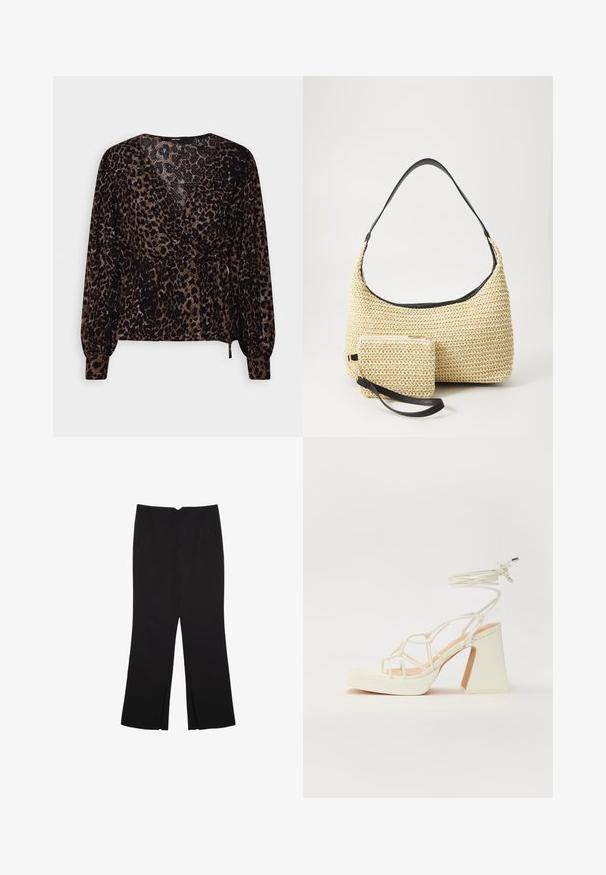 Bluza s uzorkom leoparda u crnoj i smeđoj boji, dugih rukava, s dizajnom zamotavanja i mašnom u struku. Teksturalna tkanina s peplum siluetom.; Crne hlače ravnog kroja, s prednjim džepovima i bočnim prorezima na rubu. Izrađene od mekog i glatkog materijala. Pogodne za razne prigode.; Bijela sandala na visokoj potpetici s debelim petom, s remenom i vezanjem oko gležnja. Glatka tekstura s platformom sprijeda za dodatnu visinu.; Tkana torba od slame s zakrivljenom siluetom, koja sadrži glatku crnu kožnu naramenicu i odgovarajući mali neseser koji je pričvršćen narukvicom.