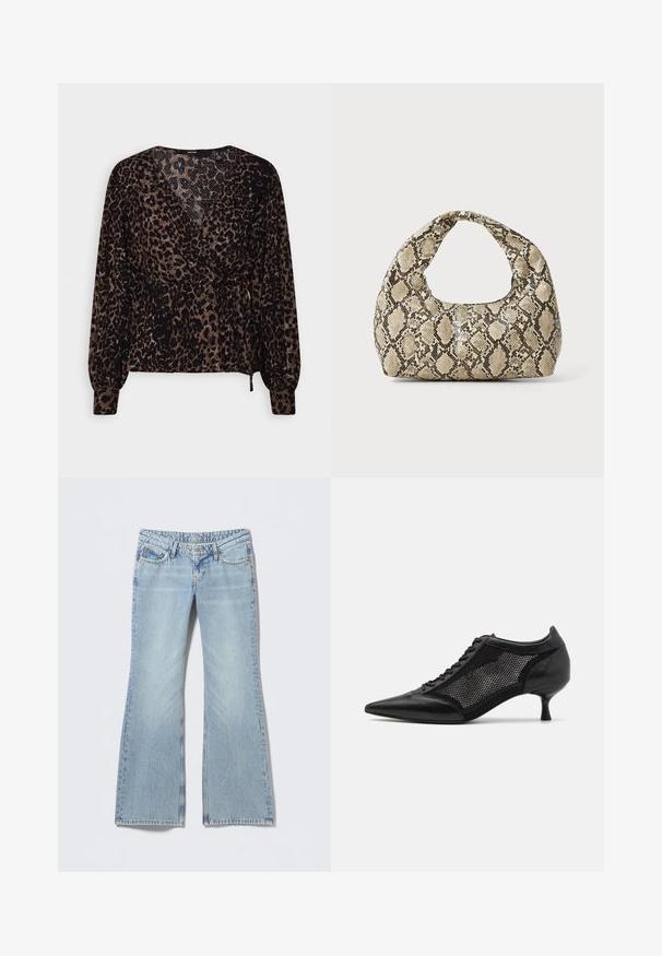 Black and brown leopard print blouse with long sleeves, a wrap design, and a tie at the waist. Textured fabric with a peplum silhouette.; Light blue flared jeans with a faded finish, five-pocket design, and contrasting stitching. Cotton denim with a smooth texture.; Black pointed-toe shoe with a mesh panel design, featuring a low heel and lace-up front. Made from a combination of leather and mesh material.; Snake-print handbag with a curved handle. Made from textured, beige and brown materials, featuring a distinctive diamond pattern.