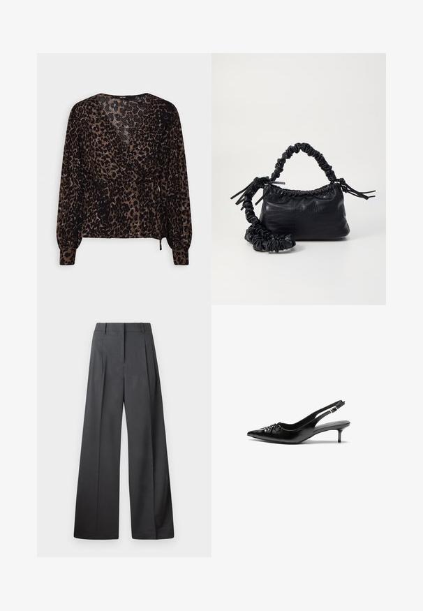 Zwarte en bruine luipaardprint blouse met lange mouwen, een wikkelontwerp en een strik in de taille. Geweven stof met een peplum silhouette.; Wijde broek in donkergrijze stof, met een hoge taille, enkele plooien en een gladde textuur met een nette afwerking aan de zoom.; Zwarte leren slingback hakken met een spitse neus, kleine kittenhak en een decoratieve knoopdetail aan de voorkant. Smooth textuur overal.; Zwarte nepleer handtas met een krokodillenstructuur, opgedroogde bovenkant en een gekreukte hengsel. Het lijkt zacht en compact van ontwerp.