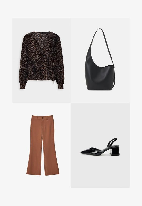 Sort og brun leopardprint bluse med lange ærmer, en indpakningsdesign og en bånd i taljen. Tekstileret stof med peplum-silhuet.; Brune, udfoldede bukser lavet af blødt stof. Har to frontknapper og en glat overflade uden synlige mønstre eller accenter.; Sorte patentlæder slingback hæle med spids tå og en geometrisk blok hæl. Har et elegant, minimalistisk design og en glat tekstur.; Sort læder hobo taske med en glat overflade, buet form og en enkelt justerbar rem; har en bred åbning øverst.