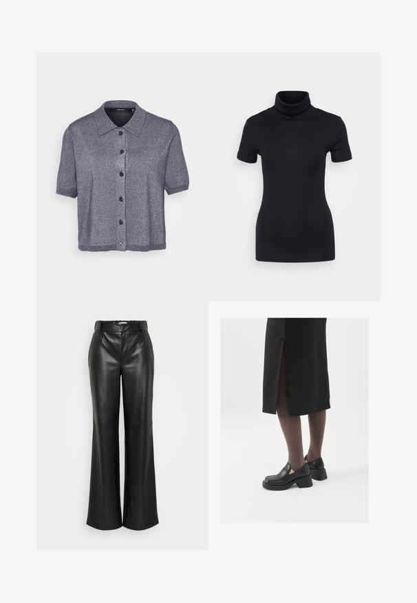 Short-sleeve, collared cardigan in dark gray knit fabric with a slight sheen. Features five black buttons and ribbed hem detail.; Black ribbed turtleneck top, short sleeves, form-fitting design, soft texture, minimal seams, and a high collar.; ONLY Tall ONLSMOOTH WIDE - Trousers - black; Black leather shoes with a rounded toe, thick block heel, and elastic side accents, paired with dark tights and a black skirt with a slit.