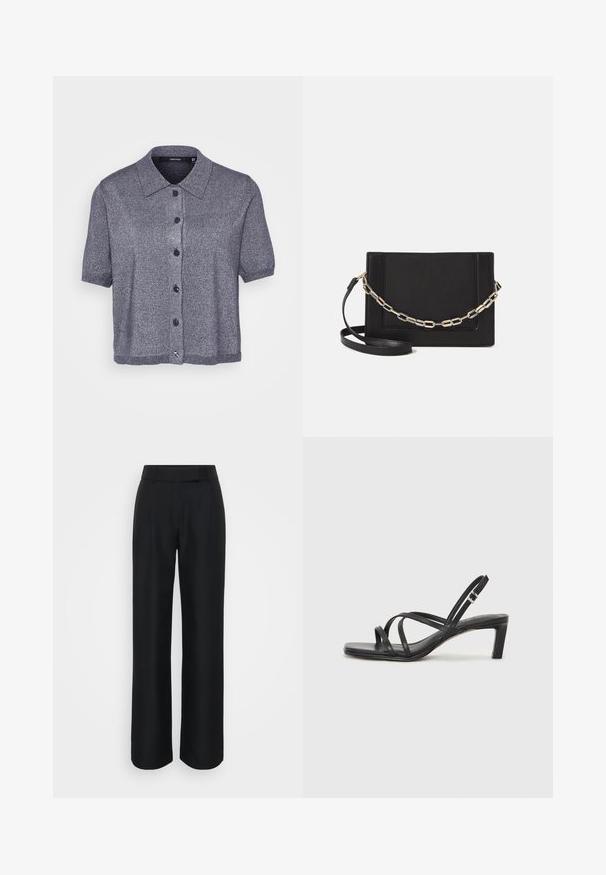 Tamsiai pilkas, trumpomis rankovėmis, apykaklės kardiganas, pagamintas iš raištinės medžiagos su nedideliu blizgesiu. Su penkiomis juodomis mygtukais ir banguota apdaila.; Juodi platus kelnės pagamintos iš lygaus audinio, turi aukštą liemenį ir subtilius priekinės raukšles; jokie matomi raštai ar detalės.; Juodi šlepetės su kvadratiniu pirštu ir žemu bloku kulnu. Yra keli ploni dirželiai ir reguliuojamas kulkšnies diržas. Pagaminti iš lygios odos.; Juodas odinis per petį nešiojamas krepšys turi lygų paviršių, stačiakampio formą ir metalinę grandinėlę priekyje. Pridedama reguliuojama dirželis.