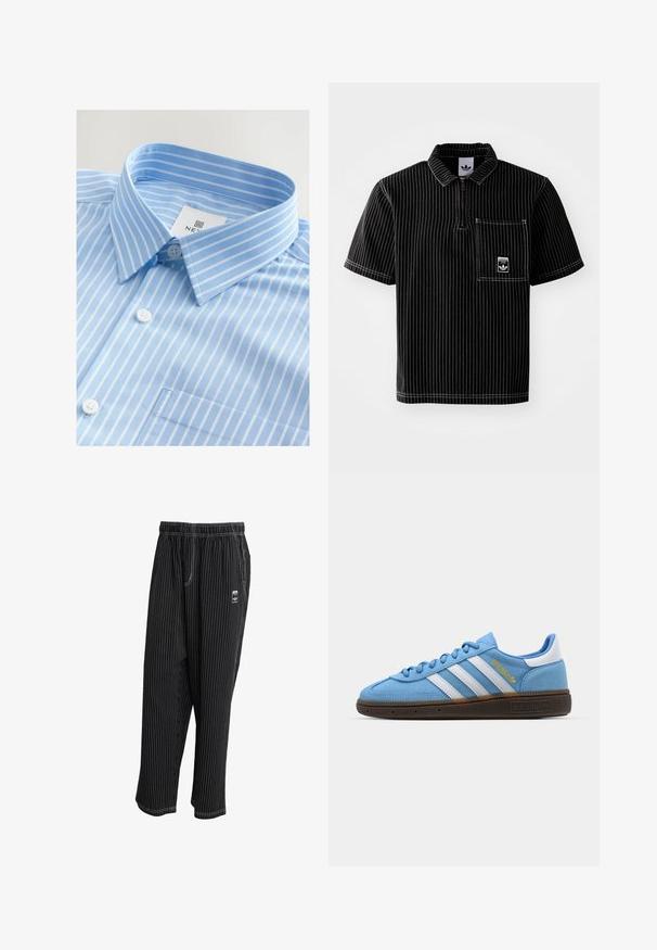 Camicia leggera azzurra con strisce verticali bianche, chiusura a bottoni, colletto appuntito e taschino singolo sul petto. Il tessuto sembra liscio.; Polo shirt nero a maniche corte con zip frontale, righe verticali bianche, taschino sul petto con piccolo logo e tessuto testurizzato.; Pantaloni neri a righe con vita elasticizzata, tasche laterali e un piccolo etichetta con logo sul davanti. Tessuto leggero con una texture liscia.; Sneakers in suede azzurro chiaro con strisce in pelle bianca, suola marrone texturizzata e dettaglio logo dorato. Design basso con punta tonda.