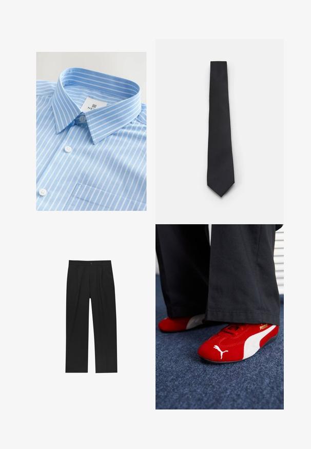 Lyseblå skjorte med hvide lodrette striber, knaplukning foran, spidse kraver og en enkelt brystlomme. Stof ser glat ud.; Sorte bukser med lige ben, lavet af et glat stof. Har frontfolder og en enkelt knaplukning i taljen.; Røde ruskindsnikers med hvide accenter, der har struktureret materiale, rund tå og et guld logo på siden, båret med sorte bukser.; Smal sort slipse med et struktureret, skråt ribbet mønster. Har en spids ende og en glat overflade. Egnet til formelt tøj.