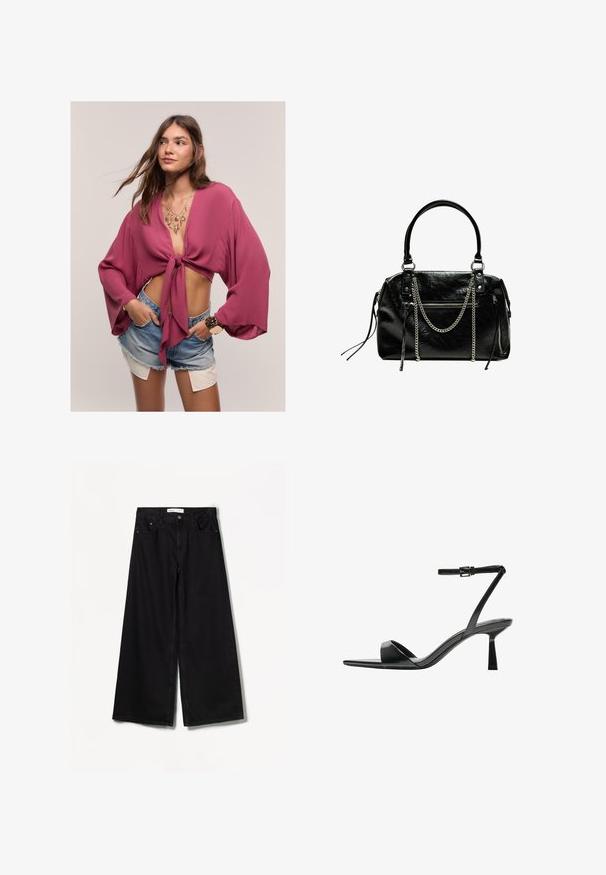 Bordo oblačena bluzica s prednjim vezanjem, širokim rukavima in mehko teksturo, v kombinaciji s jeans kratkimi hlačami in slojevito zlatimi nakitom.; Bershka WIDE-LEG - Široke hlačnice - black; Bershka Sandali z visoko peto - black; Bershka WITH CHAIN - Torbica - black