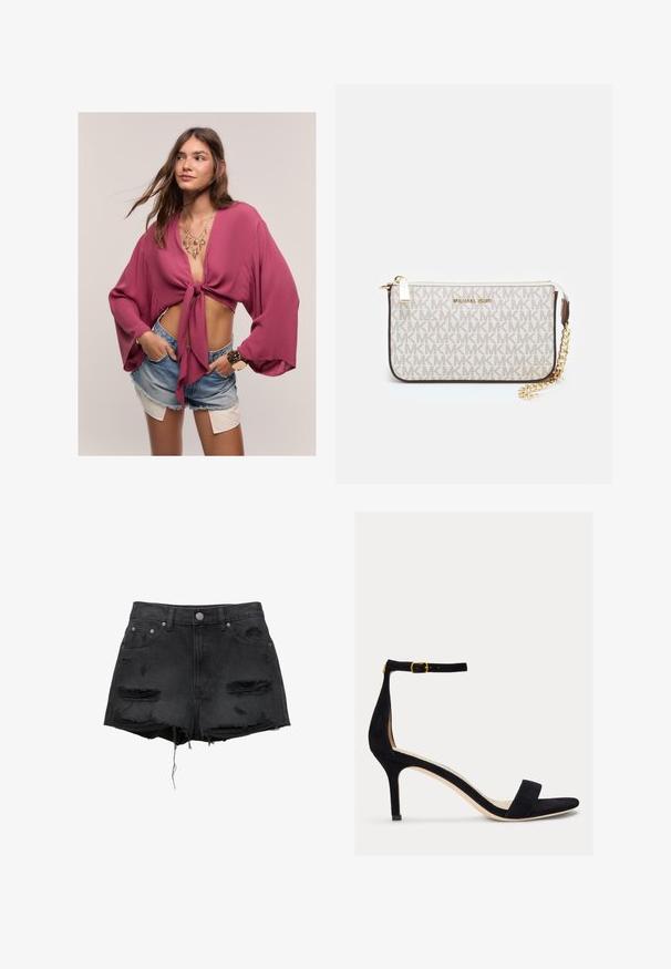 Broskyňovo sfarbená skrátená blúzka s predným zaväzovaním, širokými rukávmi a jemnou textúrou, skombinovaná s džínsovými šortkami a viacvrstvovým zlatým šperkom.; Čierne džínsy šortky s roztrhnutými lemami, poškodenými nášivkami, predným zapínaním na gombík a dizajnom s piatimi vreckami. Klasický strih s vysokým pásom.; Lauren Ralph Lauren ALLIE MID HEEL SUEDE SANDAL - Sandále - black; Michael Kors zápästná taška v béžovej potiahnutej plátenej tkanine s opakujúcim sa vzorom loga MK, zlatým kovania a odnímateľným reťazovým popruhom.