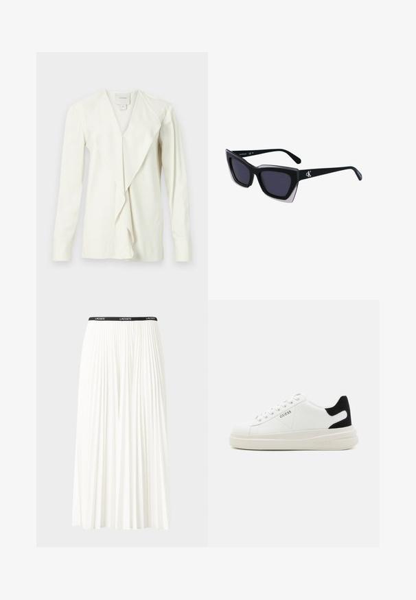 Hvid langærmet bluse med V-udskæring, der har en draperet front og tætsiddende ærmer. Glat stof med en subtil glans, skræddersyet design.; Plisseret hvid nederdel med en sort elastisk talje, der har "LACOSTE"-logoet. Mellemlang design med blød tekstur.; Hvide lædersneakers med en tyk hvid sål, sort ruskindhælvægt og prægede logoer på siden. Snørebåndsdesign med seks øjer.; Store sorte oversized solbriller med geometrisk form, med mørke linser og en kontrasterende grå detalje på stellet. Logo på armen.