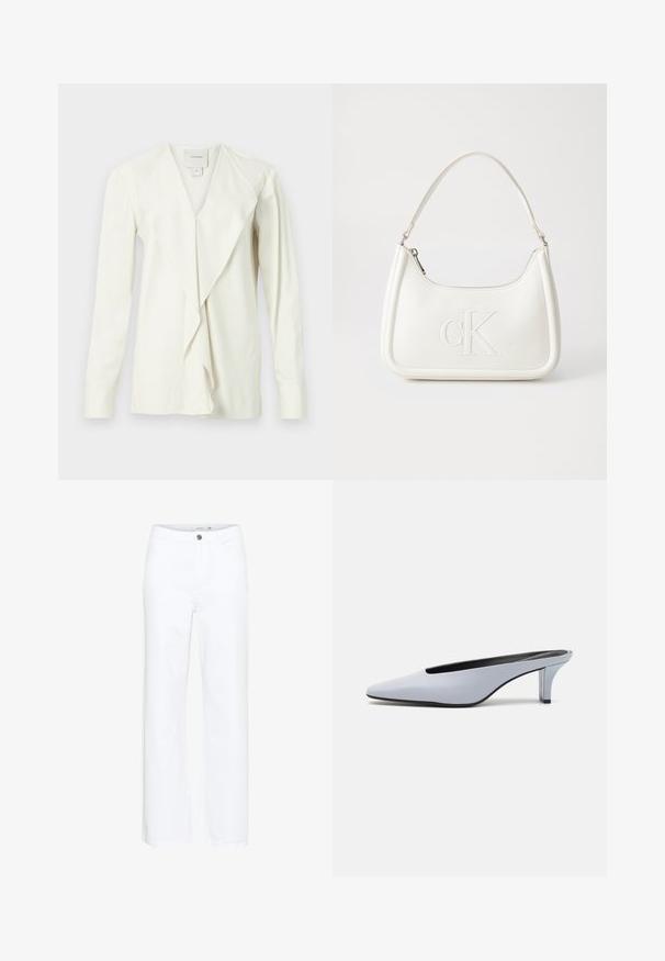 Hvid langærmet bluse med V-udskæring, der har en draperet front og tætsiddende ærmer. Glat stof med en subtil glans, skræddersyet design.; Hvide brede jeans i denim. Har en knaplukning og traditionelt fem-pockets design. Glat tekstur med en ren finish.; Lys blå patentlæder mule med spids tå, lav gennemsigtig hæl og et elegant design med udskæring ved vamps.; Hvid lædertaske med en buet form, der har et præget "CK"-logo på fronten og en enkelt skulderrem. Lynlåslukning i toppen.