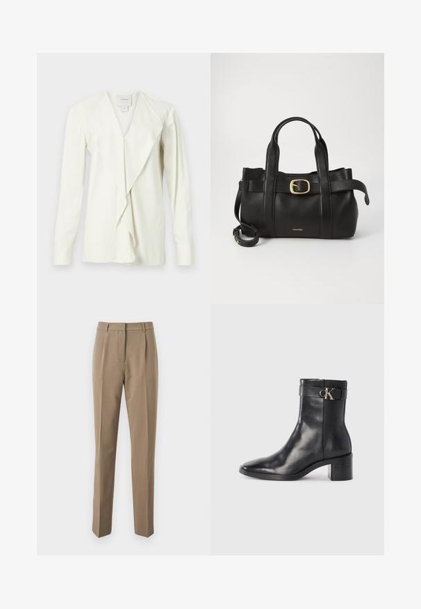 White long-sleeved blouse with a V-neck, featuring a draped front and fitted sleeves. Smooth fabric with a subtle sheen, tailored design.; Brown tailored trousers made of smooth fabric, featuring a straight-leg design, front pleats, and a waistband with belt loops.; Black leather ankle boot with a pointed toe, block heel, and a strap featuring a metallic logo detail. Smooth texture and minimal design.; Black leather handbag featuring a structured design, dual top handles, gold-tone buckle accent, and embossed brand logo at the front.