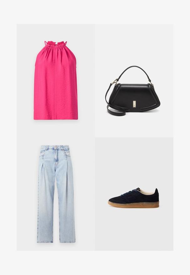 Rosa halterneck-top med rynkad halsringning och justerbara band. Slät textur med avslappnad passform, utan mönster eller utsmyckningar.; Ljust blå denimjeans med hög midja, vida ben, två sidofickor och veckad design. Mjuk textur med en blekt finish.; Mörkblå mockasneaker med sula av gummiliknande material, blåa snören och minimalistisk design. Har präglad logga på sidan och slät innerfoder.; Svart läderhandväska med en strukturerad design, som har en avskuren form, ett handtag upptill och guldiga detaljer. Justerbar axelrem ingår.