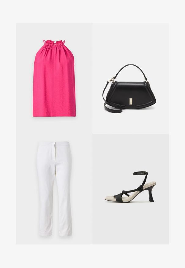 Top rosa a collo halter con scollatura arricciata e spalline regolabili. Texture liscia con vestibilità comoda, privo di motivi o decorazioni.; Pantaloni bianchi in cotone con design a gamba dritta, caratterizzati da una vita a media altezza e senza hardware o motivi visibili. Tessuto liscio su tutta la superficie.; Sandal con tacco nero e design con cinturino intrecciato, punta quadrata e cinturino alla caviglia regolabile. Soletta beige chiaro con tacco nero lucido.; Borsa a mano in pelle nera con un design strutturato, caratterizzata da una forma corta, manico superiore e accessori in metallo dorato. Inclusa tracolla regolabile.