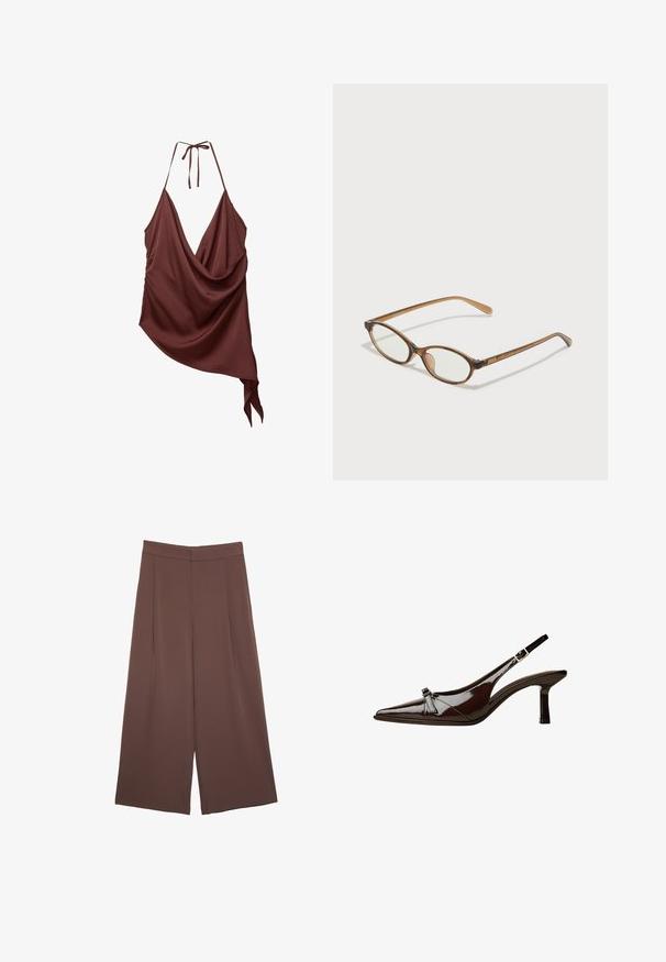 Bordová bezrukávová blúzka s hlbokým výstrihom do V, s halter viazaním na ramenách a asymetrickým lemovaním. Hladká a jemná textúra látky.; Hnedé nohavice so širokými nohavicami a hladkou textúrou, s vysokým pásom a prednými skladmi. Tkanina je ľahká a voľne sa pohybuje.; Hnedá laková slingback obuv s špicatou špičkou, nízkym opätkom a dekoratívnou mašľou vpredu. Hladká, lesklá štruktúra.; Hnedé želvovinové okuliare s oválnymi sklíčkami, tenkými ramenami a priesvitnými akcentmi. Obsahujú jemný logo na stranici. Štýlový, ľahký dizajn.; Hnedá kožená kabelka cez telo s zakriveným tvarom, zlatými kovovými doplnkami a akcentom s prackou. Obsahuje odnímateľný ramenný popruh.