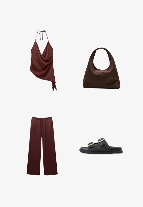 Top senza maniche drappeggiato di colore bordeaux con scollatura a V profonda, spalline a cravatta e dettaglio dell'orlo asimmetrico. Tessuto morbido e liscio.; Pantaloni larghi bordeaux realizzati in tessuto morbido, con una vita elastica dotata di cordino, progettati per il comfort e la facilità d'uso.; Infradito neri in plastica con upper in tessuto intrecciato, dotati di due cinghie regolabili con dettagli dorati. Sole in gomma piatta per il massimo comfort.; Borsa hobo di un morbido marrone con una sola tracolla larga e un'apertura a manico curvo, esposta su uno sfondo bianco.