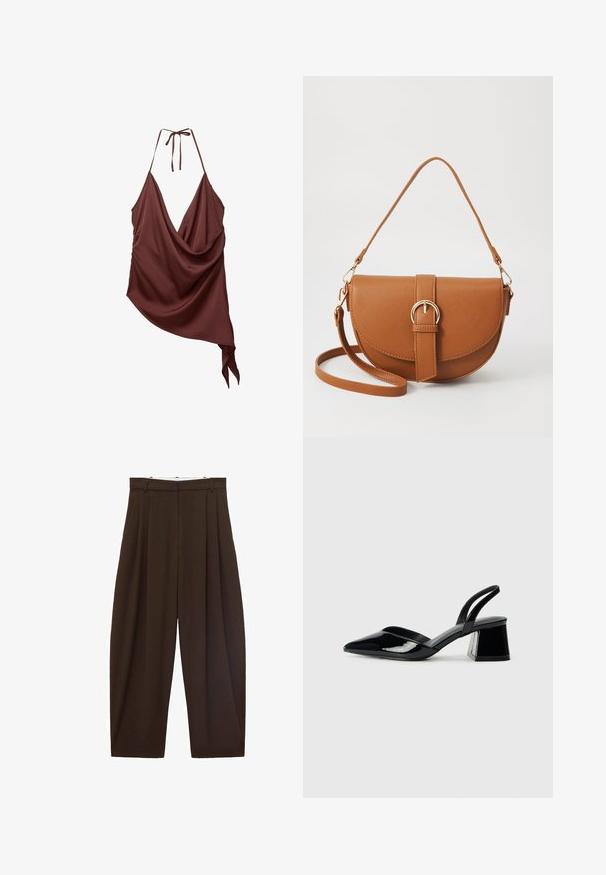 Top fără mâneci, de culoare bordeaux, cu decolteu adânc în V, bretele halter și detaliu asimetric la margine. Textură de țesătură netedă și moale.; Pantaloni maronii cu talie înaltă, cu pliuri, confecționați dintr-un material neted. Croi lejer, model cu picior drept, având bucle pentru curea și închidere cu fermoar.; Pantofi cu toc slingback din piele lacuită neagră, cu vârf ascuțit și toc geometric. Prezintă un design elegant, minimalist și o textură netedă.; Geantă din piele maro, tip crossbody, cu o formă curbată, accesorii aurii și un accent cu cataramă. Dispune de un curea de umăr detașabilă.
