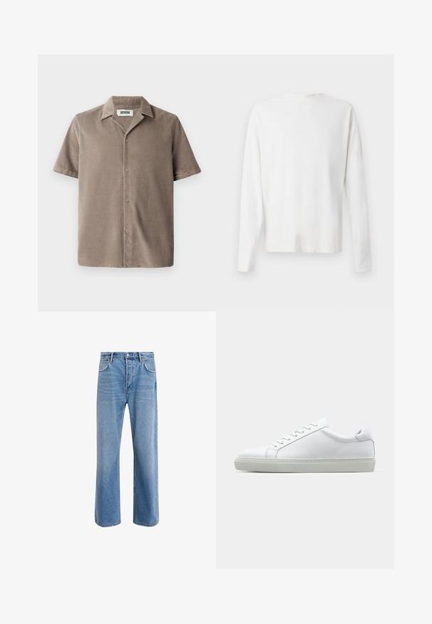 Kortermet skjorte i lys brun cordfløyel, med notsjakk-krage, knappelukking foran og en avslappet passform med subtil tekstur.; Langermet hvit bomullsskjorte med rund hals, sidespalter nederst og en jevn tekstur, vist fra baksiden.; Lys blå denimjeans med rett ben-design, fem lommer, knappeåpning, minimal falming og kontrasterende sømdetaljer.; Hvit sneakers med en glatt skinnoverdel og lav profil. Har en rund tå, seks snøring hull, og en teksturert gummisåle.