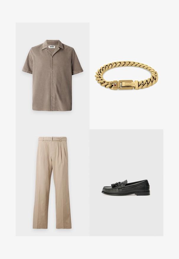 Világosbarna kordbársonyból készült, rövid ujjas ing, kivágott gallérral, gombos elülső záródással és laza illeszkedéssel, mely finom textúrával rendelkezik.; Krémszínű, bővett lábú nadrág, sima pamutkeverékből készült, elülső redőkkel, varrott derékpánttal és fémből készült csattal.; Fekete bőr loafer cipők, lekerekített orral, díszes bojtokkal és varrott mintázattal. Lapos talp, az oldalon diszkrét márkajelzéssel.; Aranyszínű karkötő összekapcsolt láncokkal, "HILFIGER" logós kapoccsal és piros-kék díszítéssel. Sima, fényes felület.