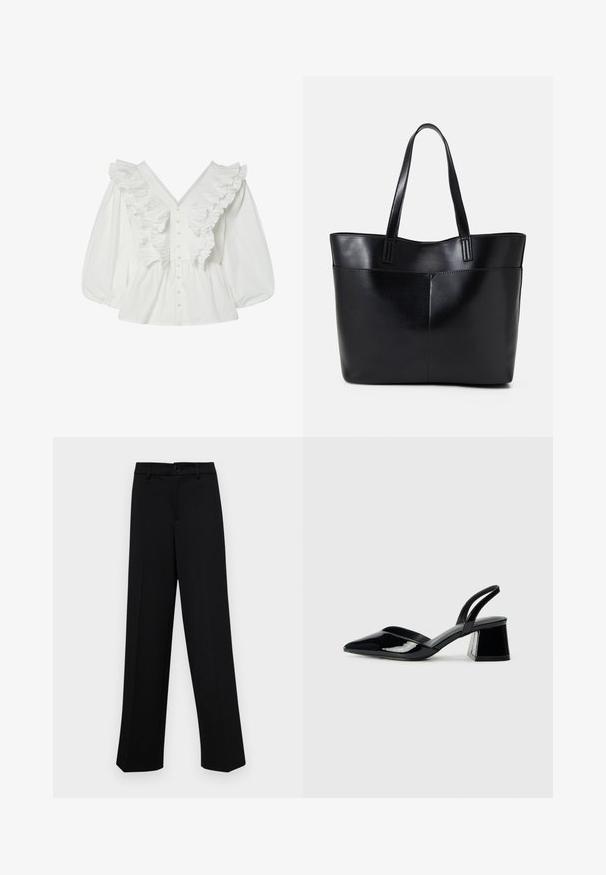 White blouse with a deep V-neck, puffed sleeves, and ruffled front detailing. Made of cotton with button closure and textured accents.; Black wide-leg trousers made of smooth fabric, featuring a classic waistband with a button closure and front pleats.; Black patent leather slingback heels with a pointed toe and a geometric block heel. Features a sleek, minimal design and smooth texture.; Black leather tote bag with two long handles, a smooth texture, and a structured shape. Features a front pocket for additional storage.
