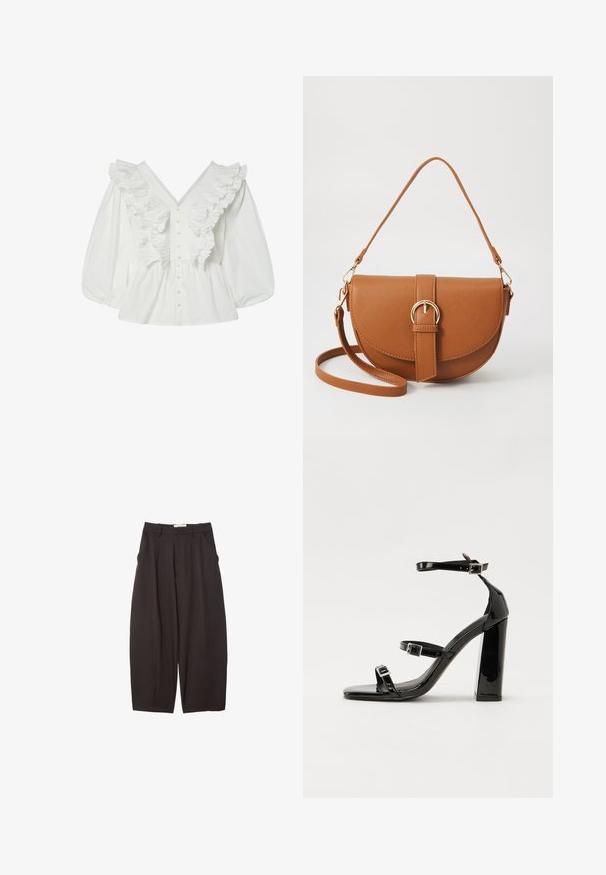 Valkoinen paita, jossa on syvä V-pääntie, puffihihat ja röyhelökoristelu edessä. Valmistettu puuvillasta, jossa on nappisuljenta ja teksturoituja yksityiskohtia.; Mustat leveälahkeiset housut, jotka on valmistettu sileästä kankaasta. Niissä on korkea vyötärö, etupleatsit ja sivutaskut. Yksinkertainen muotoilu ilman koristeita.; Musta kiiltävä korkokenkä sandaalit neliönmuotoisella varpaalla, nilkkaremmillä ja hopeisilla soljilla. Varustettu tukevalla lohkokorkealla vakauden takaamiseksi.; Ruskean nahkainen olkalaukku, jossa on kaareva muoto, kultaiset yksityiskohdat ja solkiyksityiskohta. Varustettu irrotettavalla olkahihnalla.
