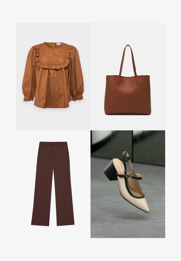 VILA VIKALLA - Camicetta - dachshund; Pantaloni a gamba larga in un ricco tessuto marrone. Presentano una chiusura a bottone, due tasche frontali, una texture liscia e linee pulite.; Scarpa beige con punta a stivale, con rifiniture nere, fibbia dorata e tacco a blocco spesso su un pavimento grigio con sfondo verde scuro.; Borsa tote in pelle marrone con texture liscia, design con apertura superiore e due spallacci. Presenta cuciture minime e nessun hardware visibile.