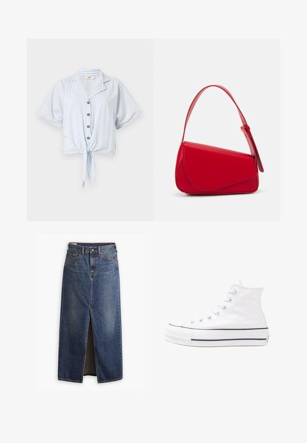 Gaišzils ar baltām svītrām īsām piedurknēm, ar apkakli, piedāvā pogājamu priekšpusi un sasietu apakšu, kas nodrošina īsu piegriezumu.; Levi's® ANKLE COLUMN SKIRT - Maksi svārki - wave hello; Balti augstie kanvas sporta apavi ar melnu gumijas zoli, priekšējo gumijas purngalu un sešām acīm lencēm, kuriem ir tīrs, minimālistisks dizains.; Sarkans ādas rokassomi ar stūrainu, ģeometrisku dizainu. Iekļauj vienu regulējamu siksnu un vāku ar izšūtu detaļu.