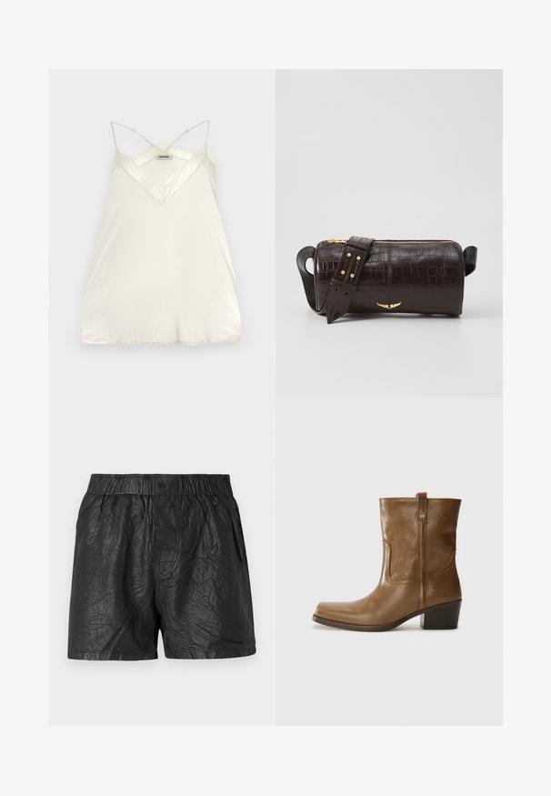 Lichtcrème camisole met verstelbare spaghettibandjes, V-halsontwerp en kantaccenten bij de halslijn en zoom voor extra detail.; Zwarte shorts van gekreukt materiaal, met een elastische tailleband met twee knopen, knielange snit en een gladde textuur.; Bruine lederen enkelboot met een vierkante neus, gestructureerde afwerking en een lage blokhak. Voorzien van een handige achterste lus en subtiele stikdetails.; Bruine krokodil-embosserende leren tas met een cilindervorm, gouden hardware en een afneembare schouderband met studs.