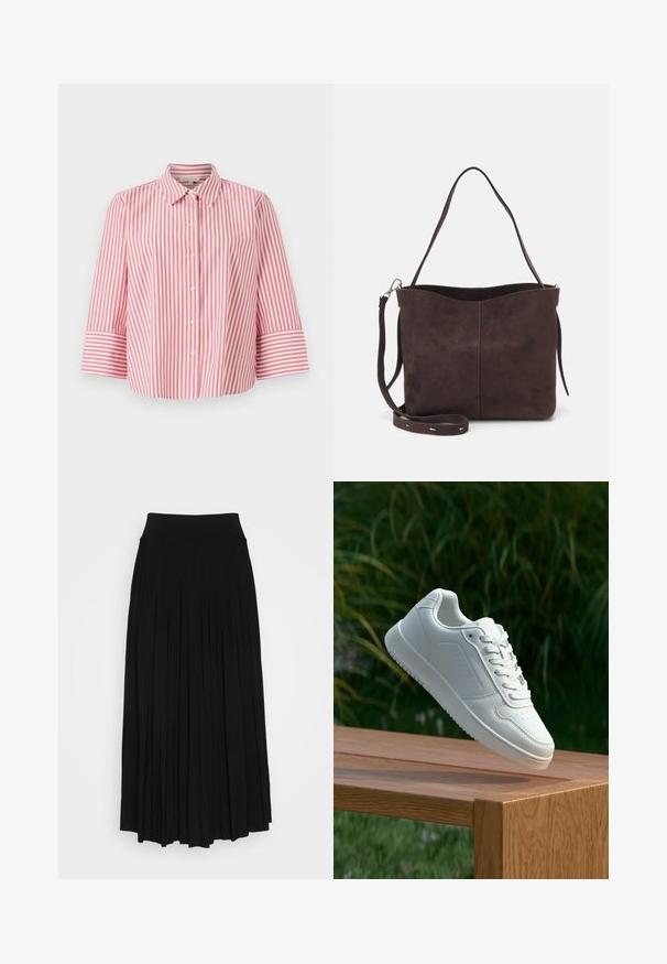 Punainen ja valkoinen raidoitettu nappipaita, jossa on kaulus ja kolmannen neljänneksen hihat. Paita on valmistettu kirkkaasta puuvillakankaasta ja siinä on rento istuvuus.; Musta plyytilaakkohame, jossa on korkea, joustava vyötärö. Valmistettu pehmeästä kankaasta, jossa on pystysuoria plyysit, jotka luovat virtaavan siluetin.; Valkoiset tennarit, joissa on sileä synteettinen päällinen, rei'itetty varvasosa, litteät nauhat ja teksturoitu pohja, esillä puupinnalla.; Ruskea mokkanahkainen kassi, jonka pinta on pehmeä. Kassissa on yksi olkahihna ja hienovarainen, kaareva yläaukeama. Ei näkyviä metalliosia.