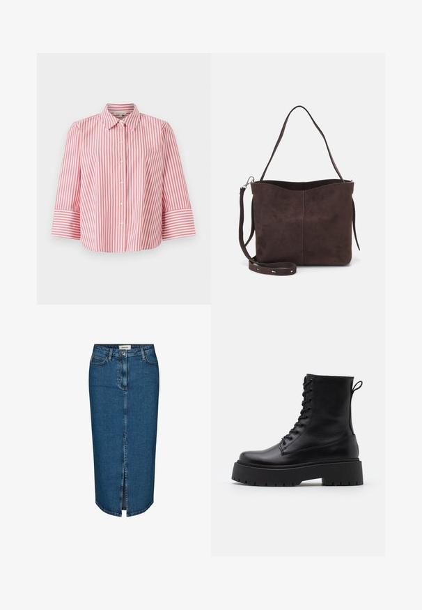 Rot-weiße gestreifte Hemdbluse mit Kragen und 3/4-Ärmeln, aus hochwertigem Baumwollstoff mit lockerer Passform.; Dunkelblauer Denim-Bleistiftrock mit einem Schlitz vorne, fünf Taschen und kontrastierenden Nähten. Mittlere Taillenhöhe mit klassischem Design.; Schwarze Lederstiefeletten mit runder Zehenpartie, Schnürung vorne und einer dicken Gummisohle mit strukturiertem Profil. Mit Zugschlaufe an der Rückseite.; Braune Wildleder-Tasche mit weicher Textur, ausgestattet mit einem einzelnen Schulterriemen und einer dezenten, gewölbten Öffnung an der Oberseite. Keine sichtbaren Beschläge.