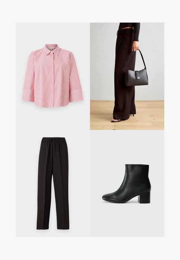 Cămașă cu dungi roșii și albe, cu guler și mâneci cu trei sferturi, realizată dintr-o țesătură de bumbac netedă și cu o croială lejeră.; Pantaloni negri, cu picioare largi, cu un tiv elastic și șnur ajustabil. Realizați dintr-un material neted, ușor, fără modele vizibile.; Cizme negre din piele până la gleznă, cu vârf ascuțit și toc robust. Textură netedă, cu accente minime și un design elegant, ajustat.; Genți negre cu o formă structurată, textură netedă și un închizător metalic. Asortată cu pantaloni negri largi și sandale cu vârf deschis pe un podea din lemn.