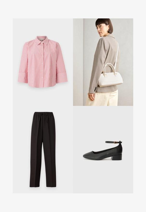 Piros és fehér csíkos, galléros, háromnegyedes ujjú ing, amely kényelmes pamut anyagból készült és laza szabású.; Fekete, bő szárú nadrág elasztikus derékkal és állítható zsinórral. Simává, könnyű anyagból készült, melyen nincsenek látható minták.; Fekete bőr magassarkú cipő hegyes orral és alacsony tömb sarkal. Bokapánttal rendelkezik, aranyszínű csattal. Simább textúra.; Fehér, strukturált kézitáska rövid füllel és vállpánttal, arany színű fém kiegészítőkkel és texturált anyagból, szürke háttér előtt bemutatva.