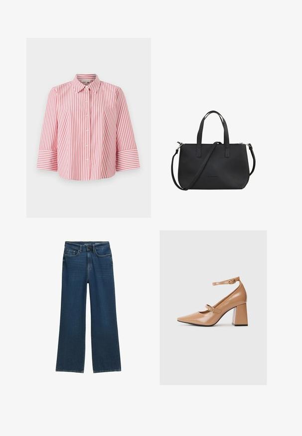 Rdeče in bele črtaste srajce z gumbi in ovratnikom ter rokavi do tri četrtine, izdelana iz kakovostnega bombažnega materiala in sproščenega kroja.; široke jeans hlače v temno modri barvi, s petimi žepi, gumbom za zapiranje in diskretnimi šivi ob šivih.; Bež lakirane visoke pete z uskim nosom, z zapenjanjem okoli gležnja in debelim kvadratnim peto. Gladka tekstura z sijajnim zaključkom.; Črna usnjena torbica z teksturirano površino, dvojnima zgornjima ročajema in nastavljivim ramenskim trakom. Ima zadrgo in minimalno blagovno znamko.