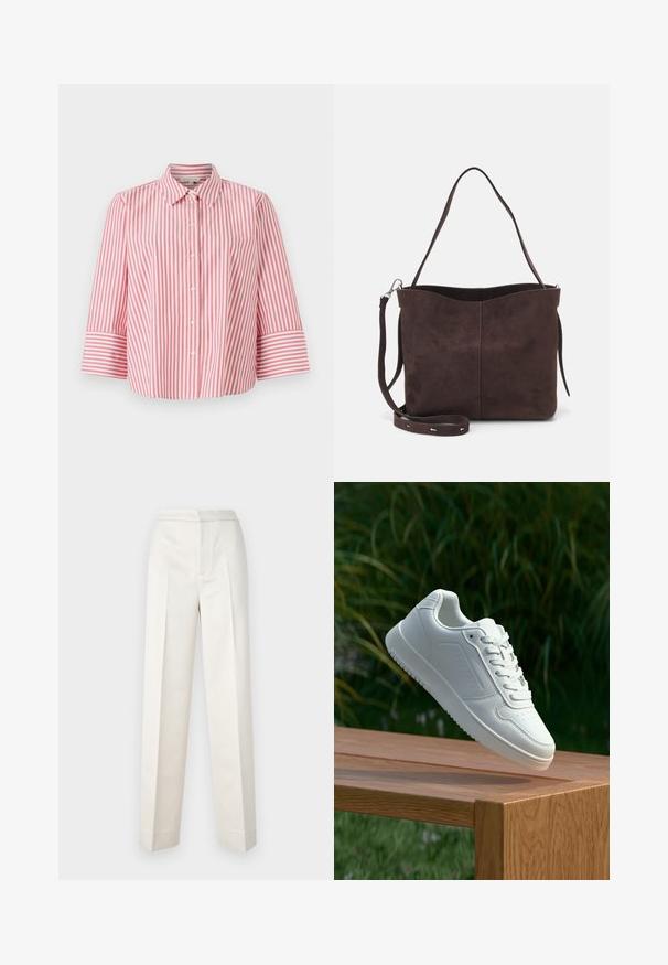 Červeno-bílá pruhovaná košile na knoflíky s límečkem a tříčtvrtečními rukávy, vyrobená z kvalitní bavlny a s volným střihem.; Krémové kalhoty s přiléhavým střihem, rovné nohavice, hladká tkanina, přední sklady a čistý lem. Minimalistický design.; Bílé tenisky s hladkým syntetickým svrškem, perforovanou špičkou, plochými tkaničkami a texturovanou podrážkou, vystavené na dřevěném povrchu.; Hnědá semišová taška přes rameno s jemnou texturou, vybavená jedním popruhem na rameno a decentním zakřiveným horním otvorem. Žádné viditelné detaily z hardware.