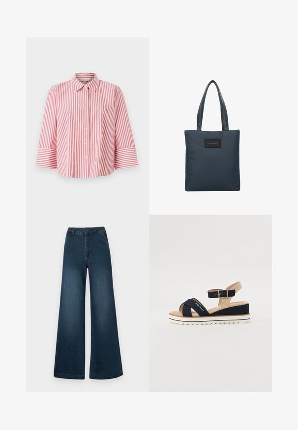 Punase-valge triibuline nööpaukudega särk krae ja kolmeveerandikäistega, valmistatud puhtast puuvillast ja omades mugavat lõiget.; Tumedast sinise kõrge vöökohtaga avara jännide teksapüksid, millel on esikotid ja vöölõugadega valgel taustal.; Tumedat sinised sandaalid kahe kangast rihmaga, reguleeritava pahkluu rihmaga ja tekstuurse beežiga seljaga. Paks valge, laineline tallaosa. Bränd on trükitud rihmale.; Tumed sinine käekott, mis on valmistatud siledast nailonist, millel on kaks tekstureeritud käepidet ja must ristkülikukujuline logo silt esiosas.