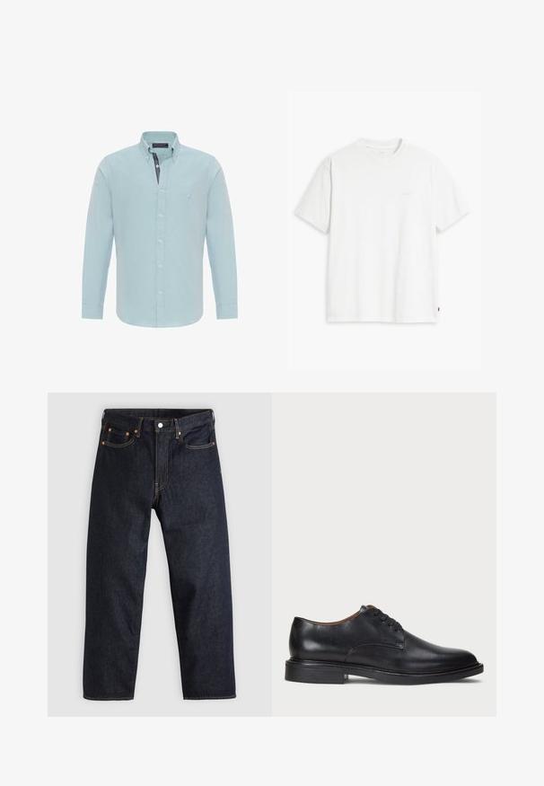 Felix Hardy OXFORD SHIRT - Camicia - turquoise; T-shirt bianca in cotone con maniche corte, scollo rotondo e un sottile logo "Levi's" stampato in colore chiaro sul davanti.; Jeans in denim blu scuro con taglio dritto, cinque tasche, cuciture arancioni a contrasto e chiusura con bottone. Nessun motivo o decorazione visibile.; Scarpa da uomo in pelle nera con punta rotonda, design con lacci e tacco basso impilato. Texture liscia con dettagli di cucitura minimi.