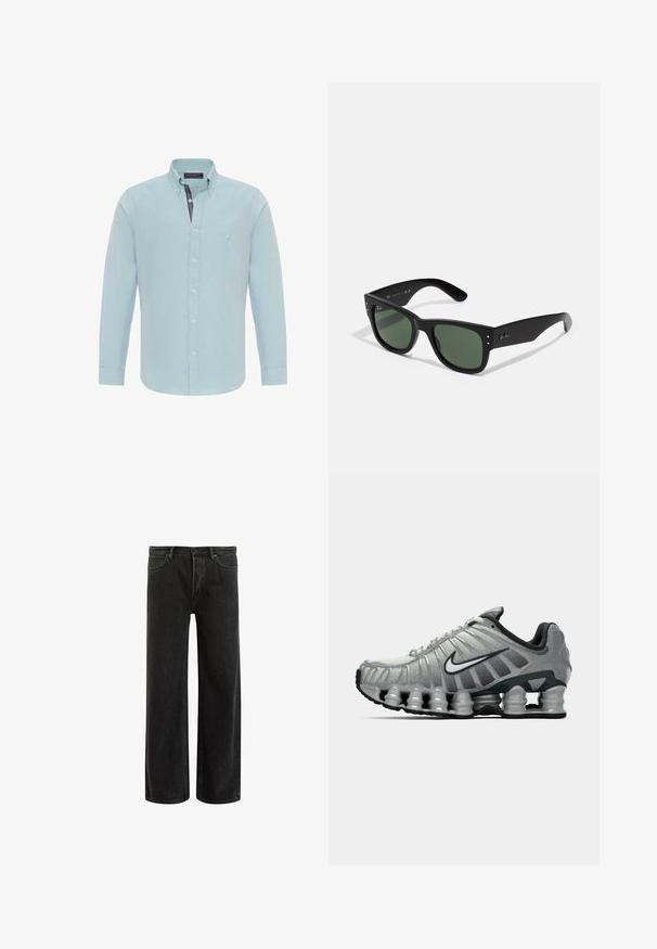 Felix Hardy OXFORD SHIRT - Hemd - turquoise; Weißes Baumwoll-Trägershirt mit Rundhalsausschnitt, breiten Trägern und geradem Saum, das eine glatte Textur aufweist und keine sichtbaren Muster hat.; Schwarze, weit geschnittene Jeans aus Denim mit hoher Taille, im klassischen Fünf-Taschen-Design und subtilem Verblassen für eine strukturierte Optik.; Grauer und schwarzer Nike-Laufschuh mit sichtbarer federähnlicher Dämpfung unter der Sohle und einem weißen Swoosh-Logo an der Seite.; Schwarze rechteckige Sonnenbrille mit grünen Gläsern, matte Oberfläche, dezente Hardware-Akzente und eingeprägtes Logo am Schläfenbereich.; Drei Bandanas: eine gelbe mit schwarzen Mustern, eine weiße mit schwarzen Designs und eine schwarze mit weißen Grafiken. Alle sind quadratisch und aus leichtem Stoff.