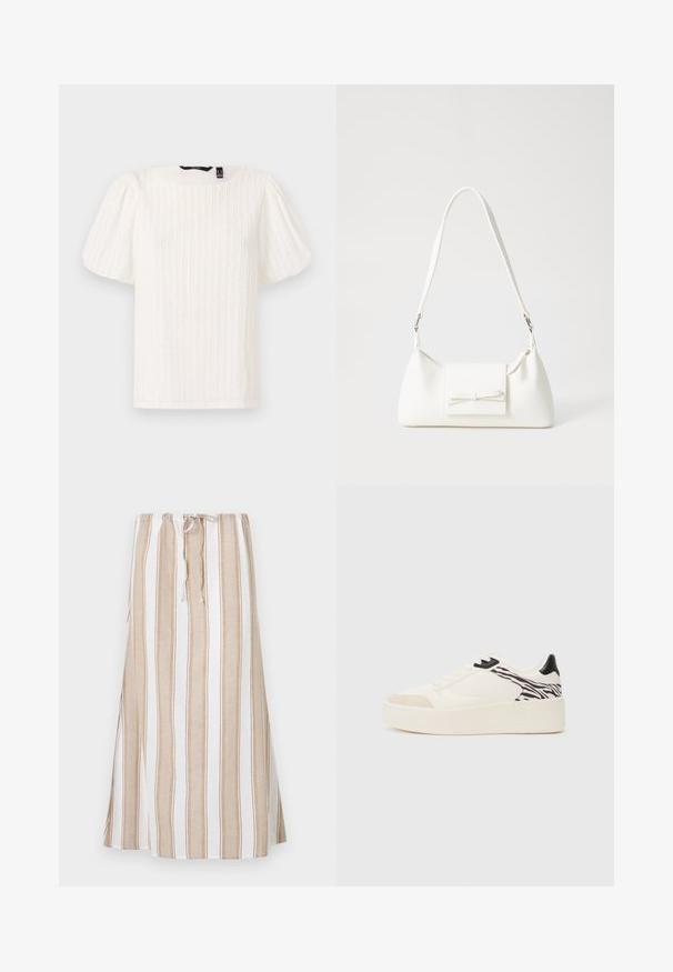 Vit topp med puffärmar och strukturerade vertikala ränder, rund halsringning och mjukt tyg; har en avslappnad passform och subtil lyster.; Randig kjol i vitt och ljusbrunt, med dragsko i midjan och en lång, flödande design. Tillverkad av lätt material med lös passform.; Even&Odd Sneakers - white/black; Vit syntetisk handväska med triangulär form, platt framklaff och rosettdetalj, justerbar rem, slät textur och minimalistisk design.