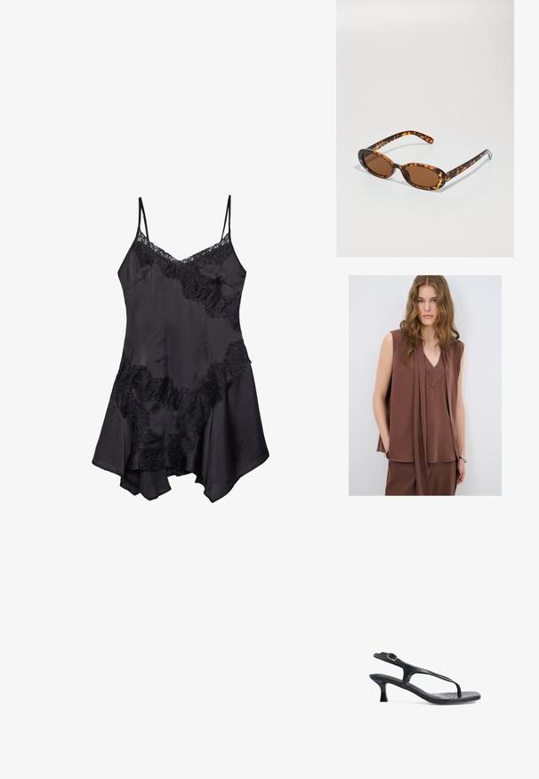 Brązowa bezrękawnik z dekoltem w kształcie litery V, z drapowanym fasonem i przeszytymi detalami przy dekolcie. Miękka, zwiewna tekstura materiału.; Czarna satynowa sukienka na ramiączkach z koronkowym wykończeniem, z regulowanymi cienkimi ramiączkami i rozkloszowanym dołem, o miękkiej fakturze oraz ozdobnych falbanach.; Czarne skórzane sandały o smukłym designie, cienkich paskach i małym obcasie. Posiadają akcent w postaci sprzączki oraz gładką, teksturowaną wkładkę.; Okulary przeciwsłoneczne w cętkowanym stylu z owalnymi oprawkami, brązowymi soczewkami i smukłymi czarnymi ramionkami z subtelnymi akcentami wzoru.; Czarna torebka na ramię o teksturowanej powierzchni z krótkimi uchwytami, z złotym zapięciem i akcentami. Projekt jest zorganizowany, o geometrycznej sylwetce.