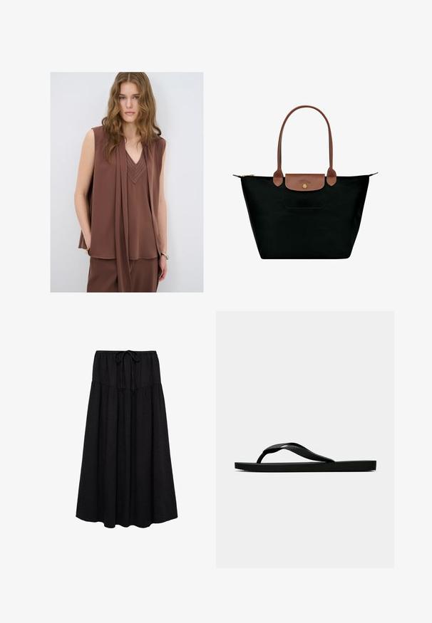 Braune ärmellose Bluse mit V-Ausschnitt, die ein drapiertes Design und gestickte Details am Ausschnitt aufweist. Weicher, fließender Stoff.; Schwarzer Mittellanger Rock mit gerafften Volants, strukturiertem Gewebe und Kordelzugbund.; Schwarze Gummi-Flip-Flop-Sandale mit einem strukturierten Riemen und einfacher flacher Sohle, von der Seite auf einem schlichten hellen Hintergrund dargestellt.; Schwarze Nylon-Shopper-Tasche mit braunen Lederakzenten, einem einzelnen Schultergurt, einem oberen Reißverschluss und einer kleinen Außentasche mit einem Verschluss.