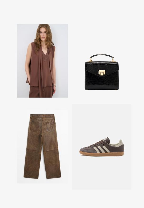 Braune ärmellose Bluse mit V-Ausschnitt, die ein drapiertes Design und gestickte Details am Ausschnitt aufweist. Weicher, fließender Stoff.; Braune Leder-Hosen mit weitem Bein, zwei Gesäßtaschen und sichtbaren Nähten, von hinten auf einem weißen Hintergrund gezeigt.; Braune Leder-Sneaker mit drei hellen Streifen, Gummisohle, abgerundetem Zehenbereich und strukturierten Wildlederelementen an Ferse und Zehen.; Schwarze Handtasche aus Kunstleder im Krokodil-Look mit strukturiertem Design, goldfarbenen Akzenten, einem oberen Tragegriff und einem magnetischen Klappverschluss.