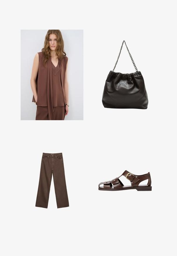 Braune ärmellose Bluse mit V-Ausschnitt, die ein drapiertes Design und gestickte Details am Ausschnitt aufweist. Weicher, fließender Stoff.; Weite braune Jeans aus Denim, mit hoher Taille, Fronttaschen und klassischem Knopfverschluss. Glatte Textur mit feinen Nähten.; Braune Leder-Sandale mit ausgeschnittenem Design, verstellbarem seitlichem Riemenverschluss und flacher Sohle, mit Metallakzenten und offenem Zehenbereich.; Braune Lederhandtasche mit gerafftem Oberteil und Kettenriemen. Glatte Textur mit glänzendem Finish und subtilen Nahtdetails an den Seiten.