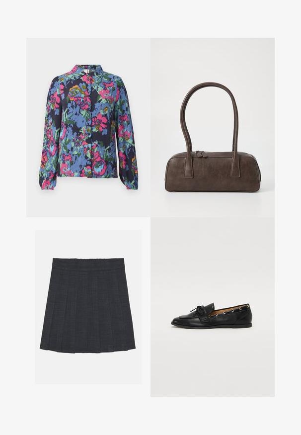 Kék virágmintás blúz, élénk rózsaszín, zöld és sárga mintákkal. Hosszú ujjú és gombos eleje gallérral. Puha szövetanyag.; Sötétszürke pliszírozott szoknya rugalmas derékkal, texturált anyagból, klasszikus A-vonalú sziluettel. Alkalmas mindennapi viseletre.; Fekete bőr lófarok cipők, megkötött masnival, arany szemcsés díszítéssel az oldalán és lapos gumitalppal. Simaság, klasszikus dizájn.; Barna bőrtáska, két masszív fogantyúval, téglalap alakú, sima felülettel és cipzáras záródással. Minimalista dizájn, látható minták nélkül.