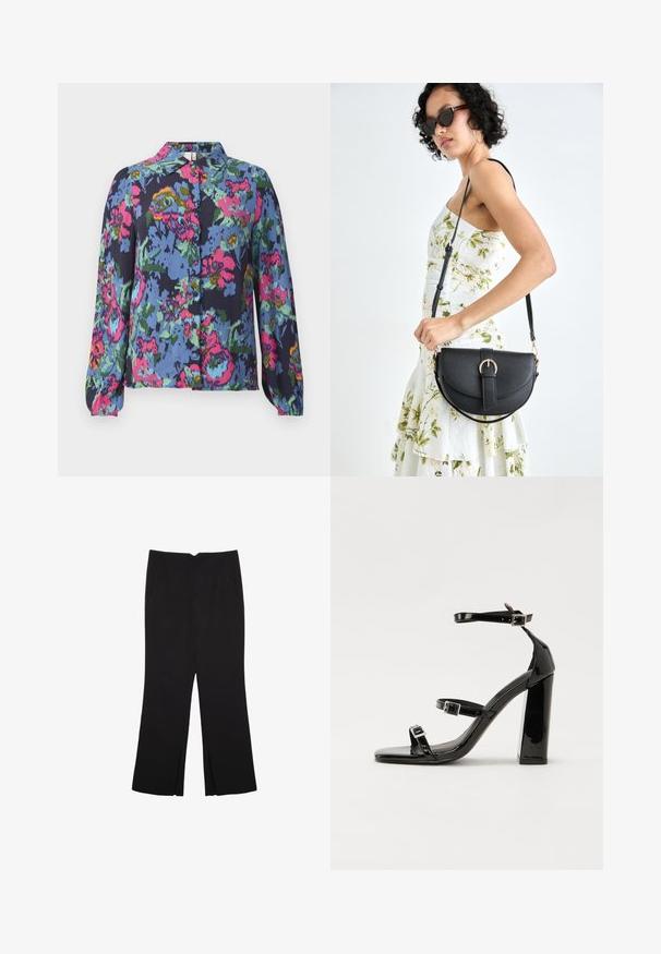 Blouse florale bleue, ornée de motifs vibrants en rose, vert et jaune. Manches longues et devant boutonné avec un col. Texture en tissu douce.; Pantalon noir avec une coupe droite, doté de poches avant et d'éclairs sur l'ourlet. Fabriqué en tissu doux et lisse. Convient à diverses occasions.; Sandales à talons vernies noires avec un bout carré, des sangles autour de la cheville et des boucles en argent. Dotées d'un talon bloc épais pour plus de stabilité.; Sac à main en cuir noir avec une forme courbée, bandoulière amovible et des accessoires en or. Le sac est doté d'un rabat avec un détail de boucle.