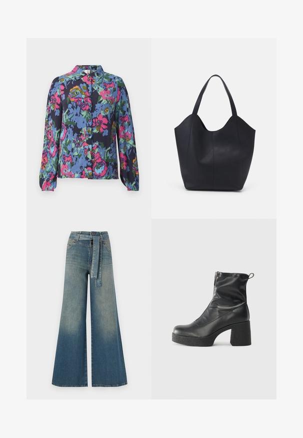 Kukkamekko sinisessä värissä, jossa on kirkkaat vaaleanpunaiset, vihreät ja keltaiset kuviot. Pitkät hihat ja napitettava etuosa, jossa on kaulus. Pehmeä kangastuntuma.; Yksiväriset farkut leveällä lahkeella, joissa on vaaleasta tummansiniseen häipyvä väri, korkea vyötärö, vyölenkit ja yhteensopiva kangasvyö. Rakennefarkkujen pinta.; Mustat nilkkurit, jotka on valmistettu sileästä nahasta. Niissä on sivuvetoketju, paksu teksturoitu korko ja pyöristetty kärki.; Mustat kangaskassit, jotka on valmistettu sileästä nahasta, jossa on kaareva, avoin yläosa, kaksi olkahihnaa ja minimalistinen muotoilu.