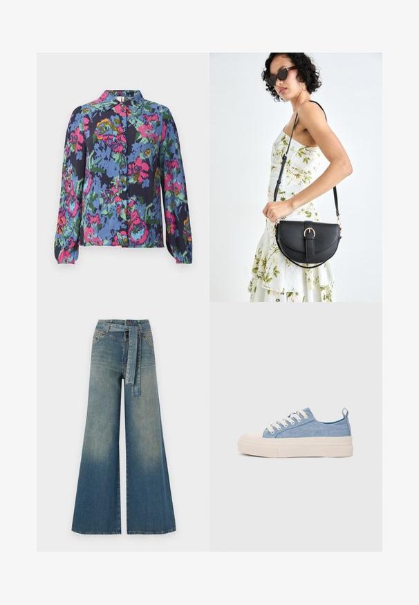 Blomstret bluse i blå, med livlige pink, grønne og gule mønstre. Lange ærmer og knaplukning foran med krave. Blødt stof.; Bredbens-denimbukser med en lys til mørk blå gradient, høj talje, bælteløkker og et matchende stofbælte. Tekstureret denimfinish.; Lyseblå lærredssneakers med en cremefarvet gummitåhætte og sål, udstyret med hvide snørebånd og en træksløjfe på hælen.; Sort læderhåndtaske med en buet form, aftagelig rem og guldfinish. Tasken har en klap med en spænde detalje.