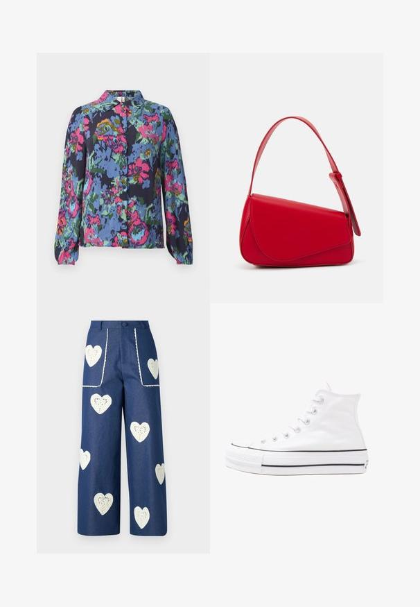Kvetinová blúzka v modrej farbe so žiarivými vzormi v ružovej, zelenej a žltej farbe. Dlhé rukávy a zapínanie na gombíky s golierom. Mäkká textúra látky.; Sister Jane HEART TO HEART - Džínsy s rovným strihom - blue denim; Biele vysoké plátené tenisky s čiernou gumovou podošvou, prednou gumovou špičkou a šiestimi okami na šnúrky, s čistým, minimalistickým dizajnom.; Červená kožená kabelka s ostrým, geometrickým dizajnom. Má jeden nastaviteľný popruh a uzatváranie na klopu so šitím.